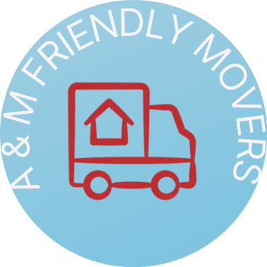 A & M Friendly Movers logo, red moving truck with a house