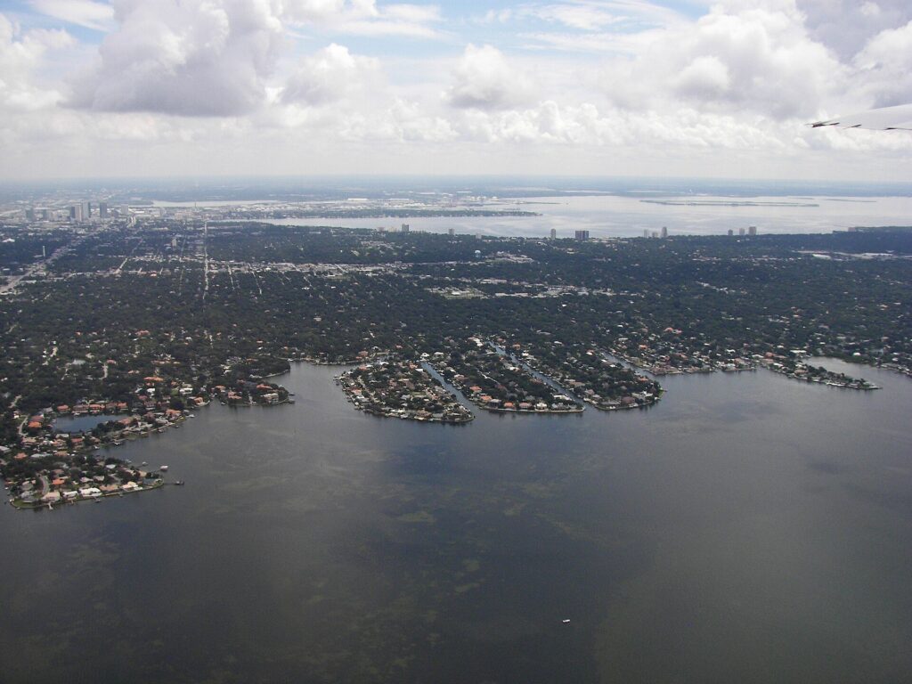 Aerial view of canal-front neighborhoods along Old Tampa Bay in northern South Tampa