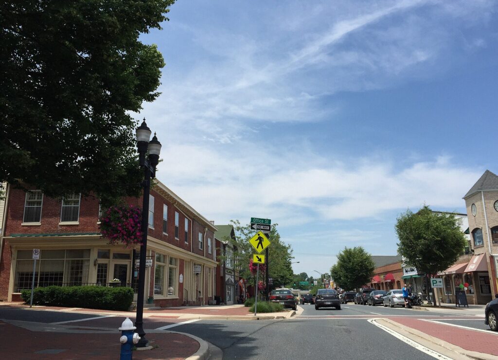Brick storefronts along Main Street at Office Street in downtown Bel Air, Maryland