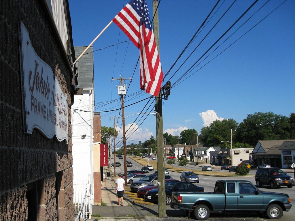Looking east on West Chester Pike in the heart of Broomall, PA
