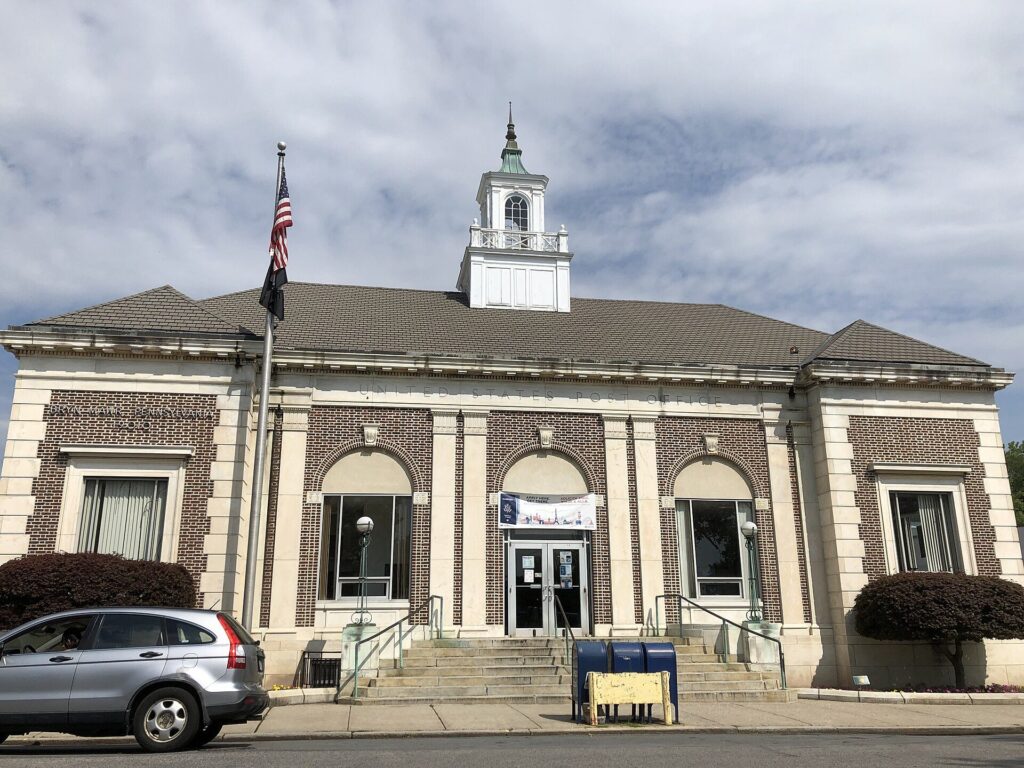 The historic brick and stone post office building in Bryn Mawr, PA