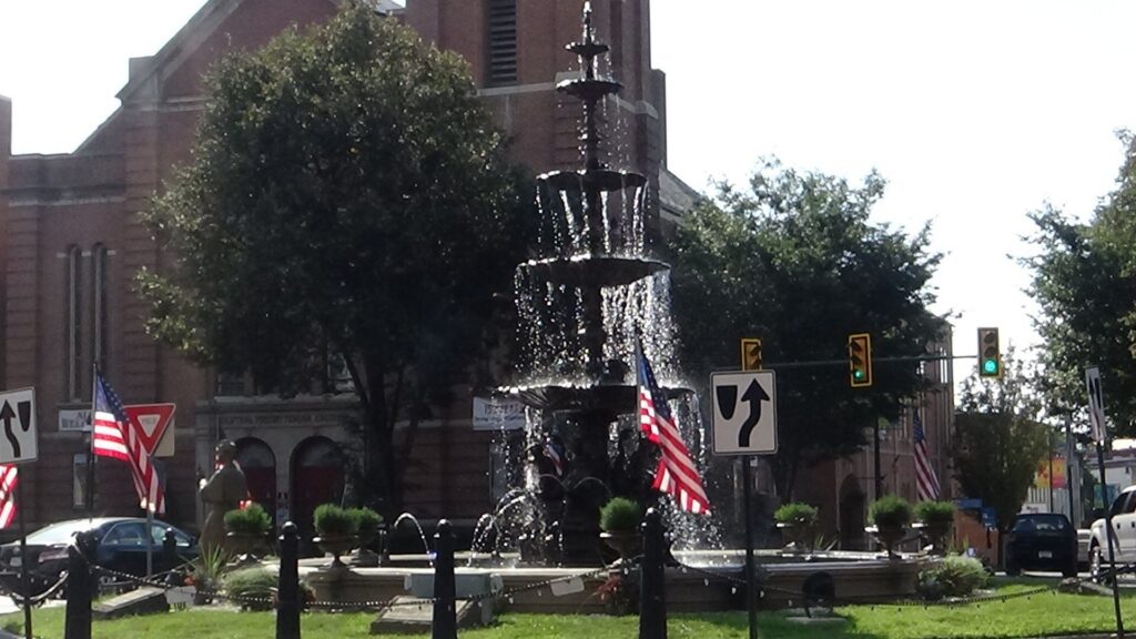 The Memorial Fountain in Memorial Square in downtown Chambersburg, Pennsylvania