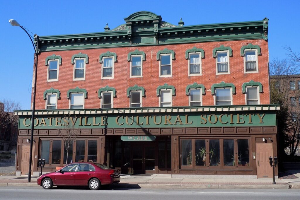 Historic brick building on Lincoln Highway in the Coatesville Historic District, Pennsylvania