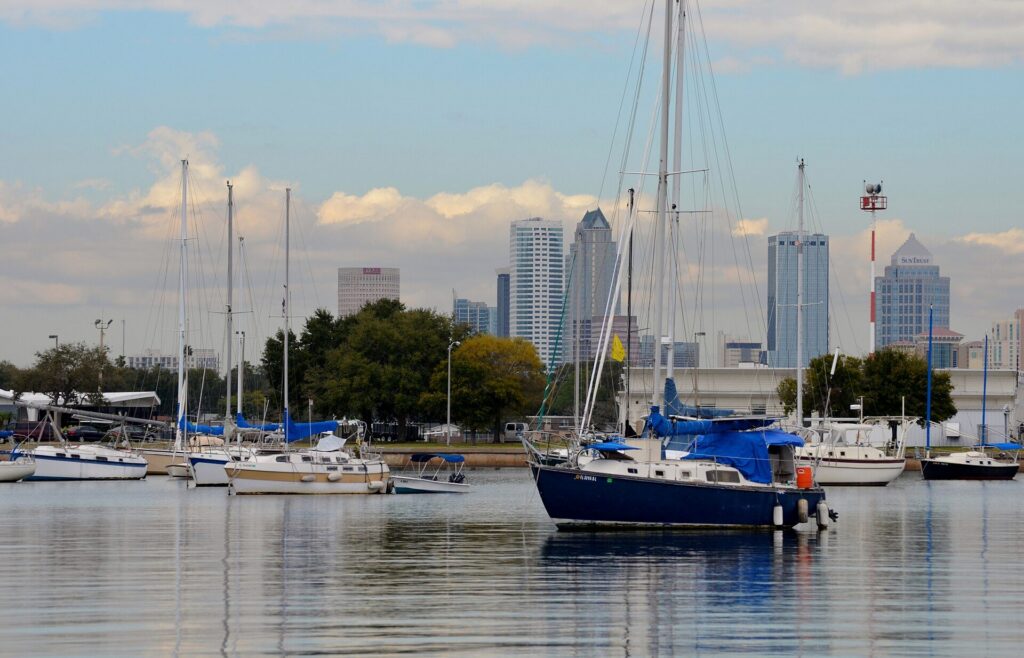 Sailboats moored off Davis Islands with the downtown Tampa skyline in the background