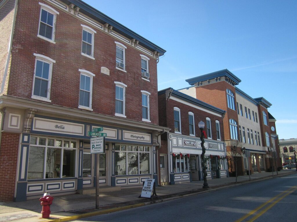 Brick storefronts on a main street in downtown Downingtown, Pennsylvania