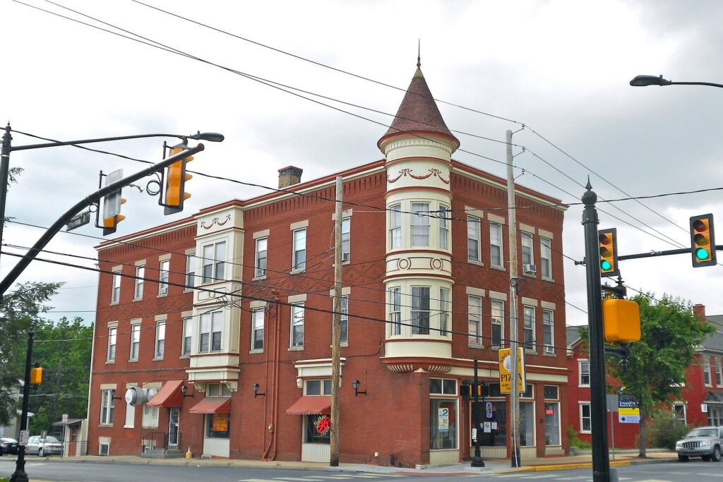 Brick corner building with a turret at a downtown intersection in Elizabethtown, Pennsylvania