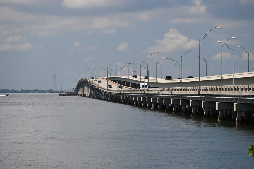 The Gandy Bridge over Tampa Bay seen from Gandy Park South in Tampa