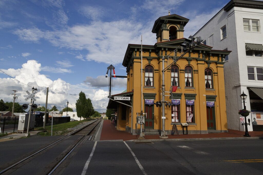 The historic Lincoln Railroad Station on Carlisle Street in downtown Gettysburg, Pennsylvania
