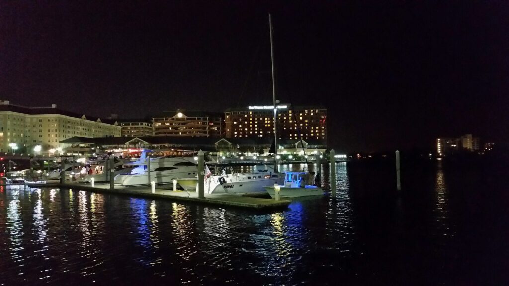 The Pointe at Harbour Island and the Westin Tampa Waterside lit up at night with boats in the marina