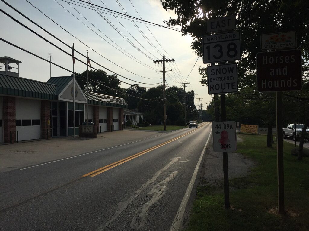 View east along Monkton Road (MD 138) at Firehouse Road in Hereford, Maryland