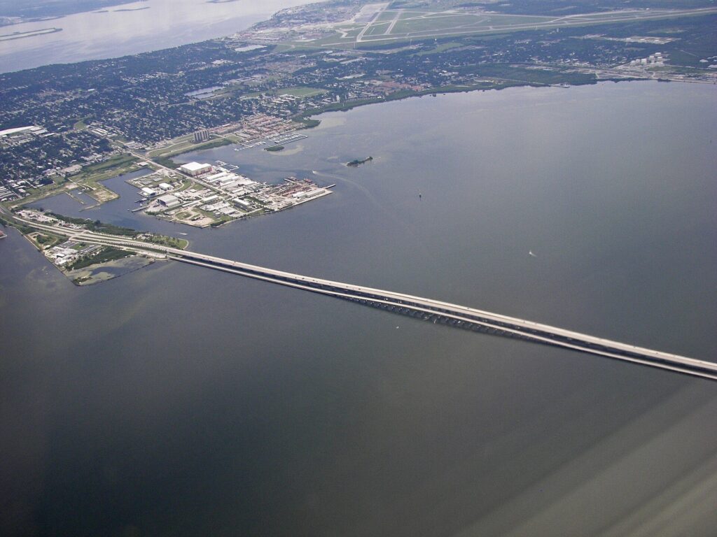 Aerial view of the Gandy Bridge, the Interbay Peninsula of South Tampa and MacDill Air Force Base
