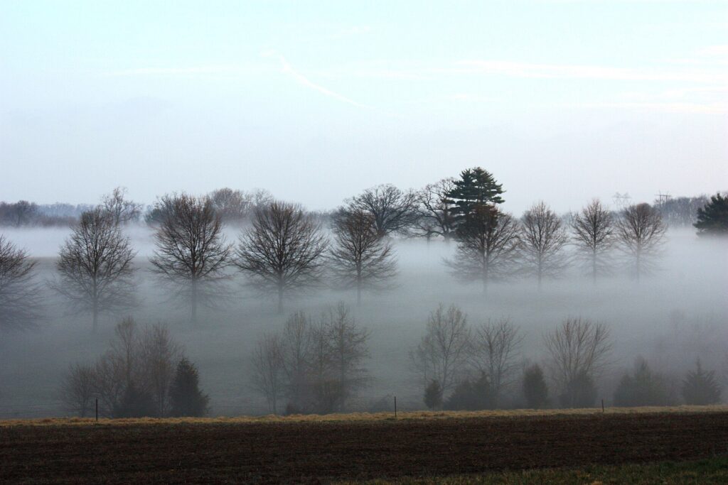 Morning fog over the preserved Weaver Farm on Royersford Road in Limerick Township, Pennsylvania