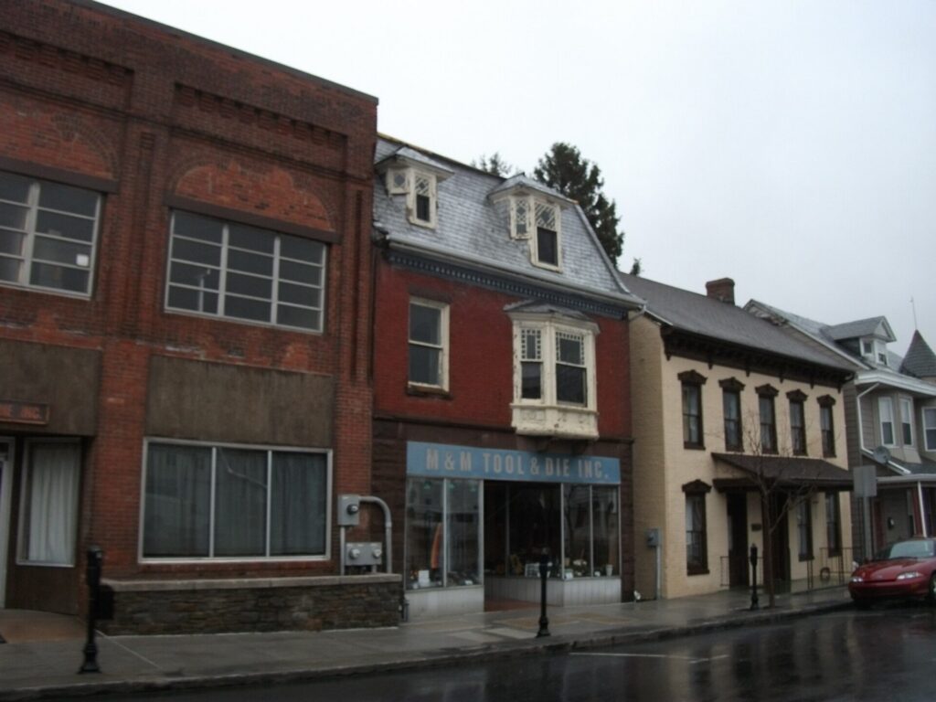 Historic brick storefronts on a main street in Littlestown, Pennsylvania