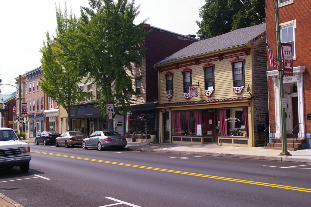 Historic storefronts along East Main Street in downtown Mechanicsburg, Pennsylvania