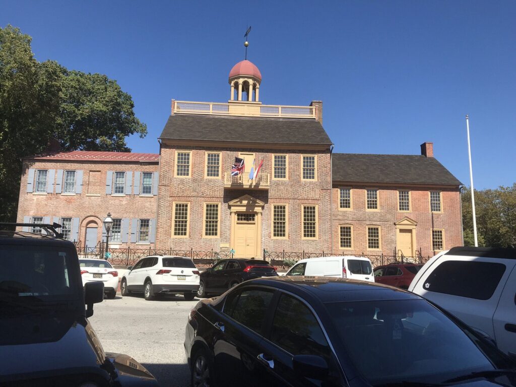 The historic brick New Castle Court House with its cupola in New Castle, Delaware