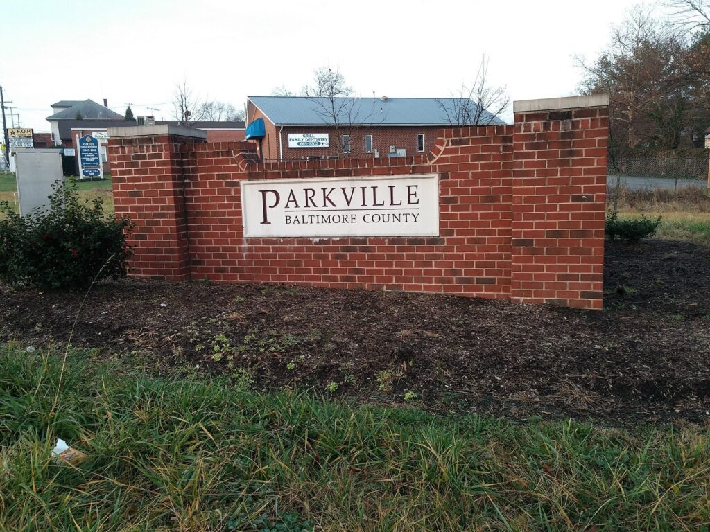 Brick Parkville, Baltimore County welcome sign on Harford Road