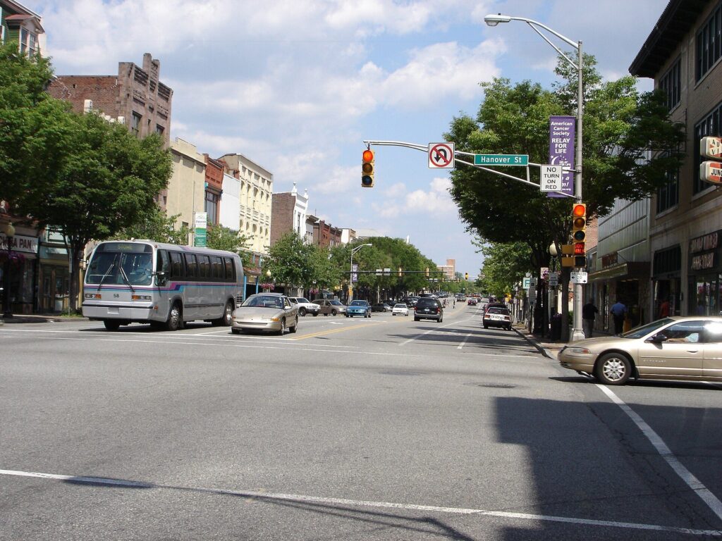 High Street in downtown Pottstown, Pennsylvania, looking east at Hanover Street