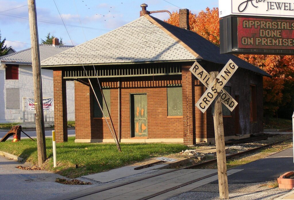 Historic brick railroad station on Main Street in Shrewsbury, Pennsylvania