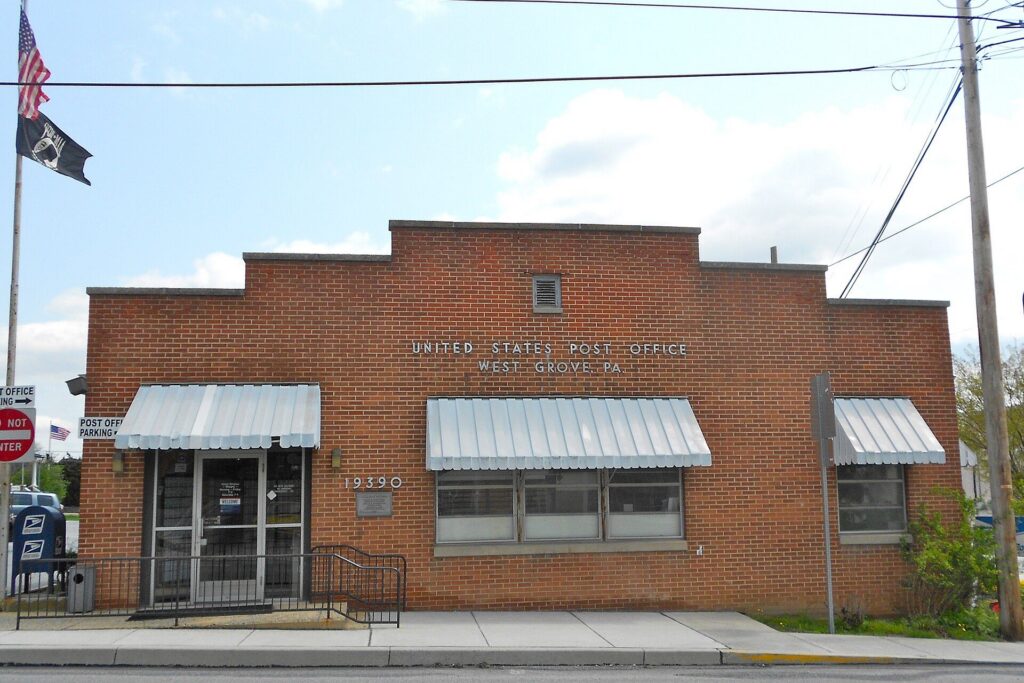 The brick post office in West Grove, PA