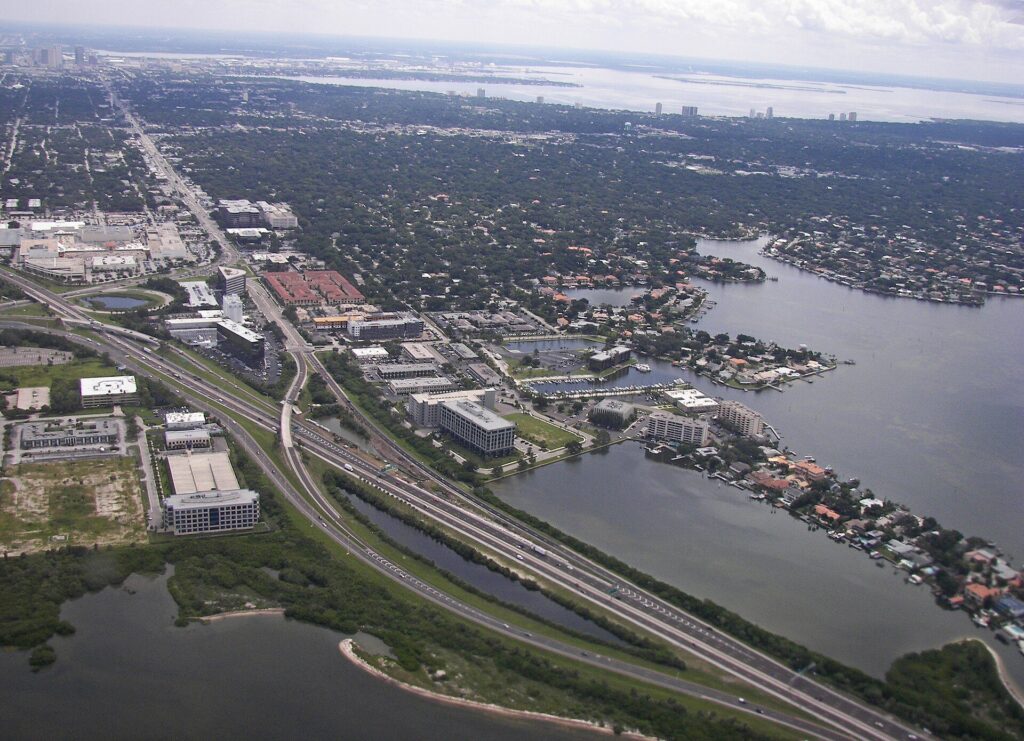 Aerial view of Tampa's Westshore district with office buildings, Interstate 275 and Old Tampa Bay