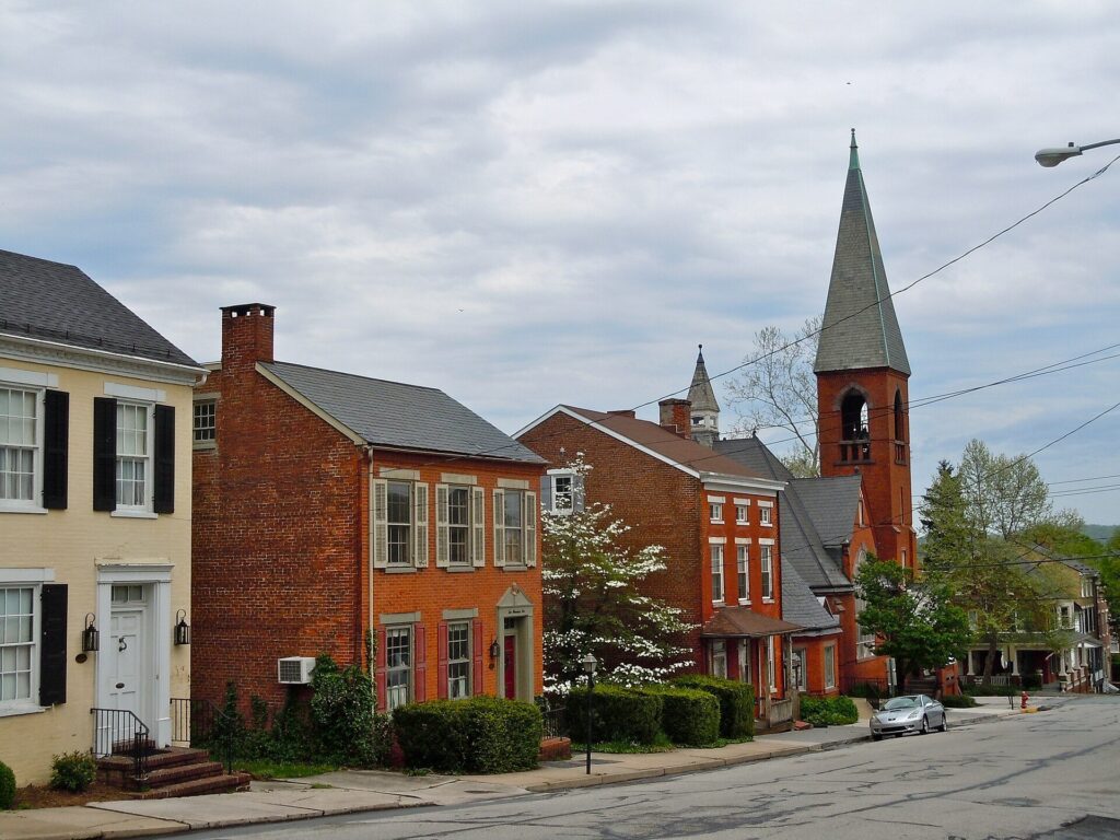 Brick homes and the Presbyterian church steeple in the Wrightsville Historic District, Pennsylvania